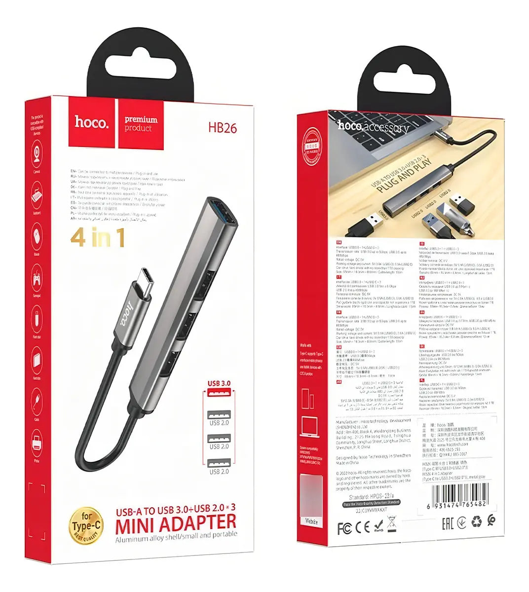Hub Hoco HB26 USB-C 4 En 1 USB 3.0 + 3 USB 2.0