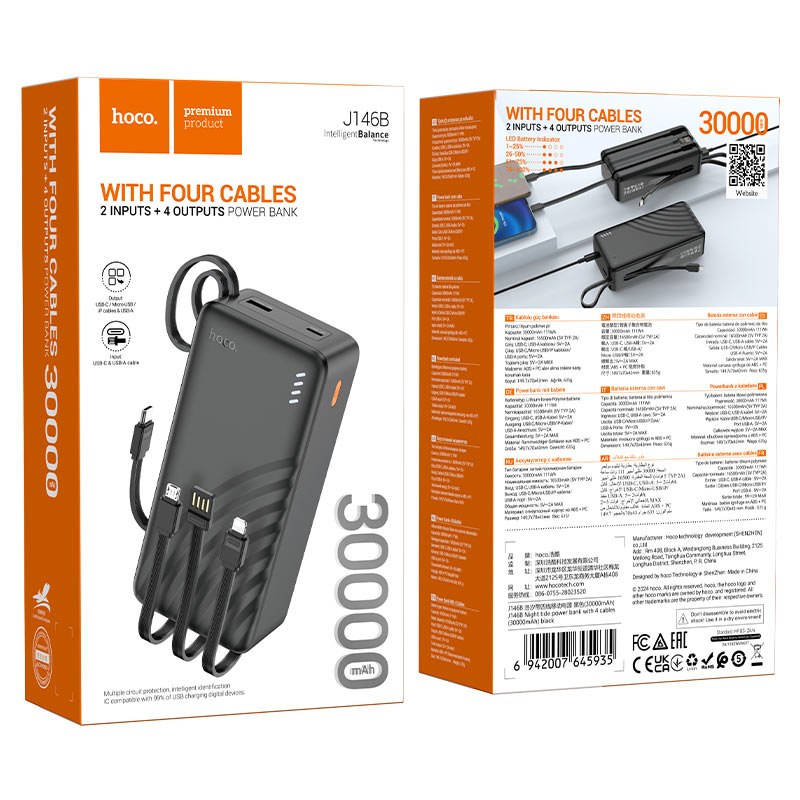 Powerbank Hoco J146b De 30.000 Mah Con 4 Cables Integrados