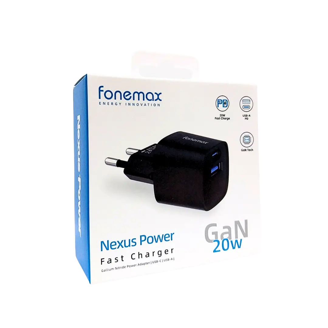 Cargador Fonemax Nexus Power Carga rápida 20W GAN USB-A/USB-C