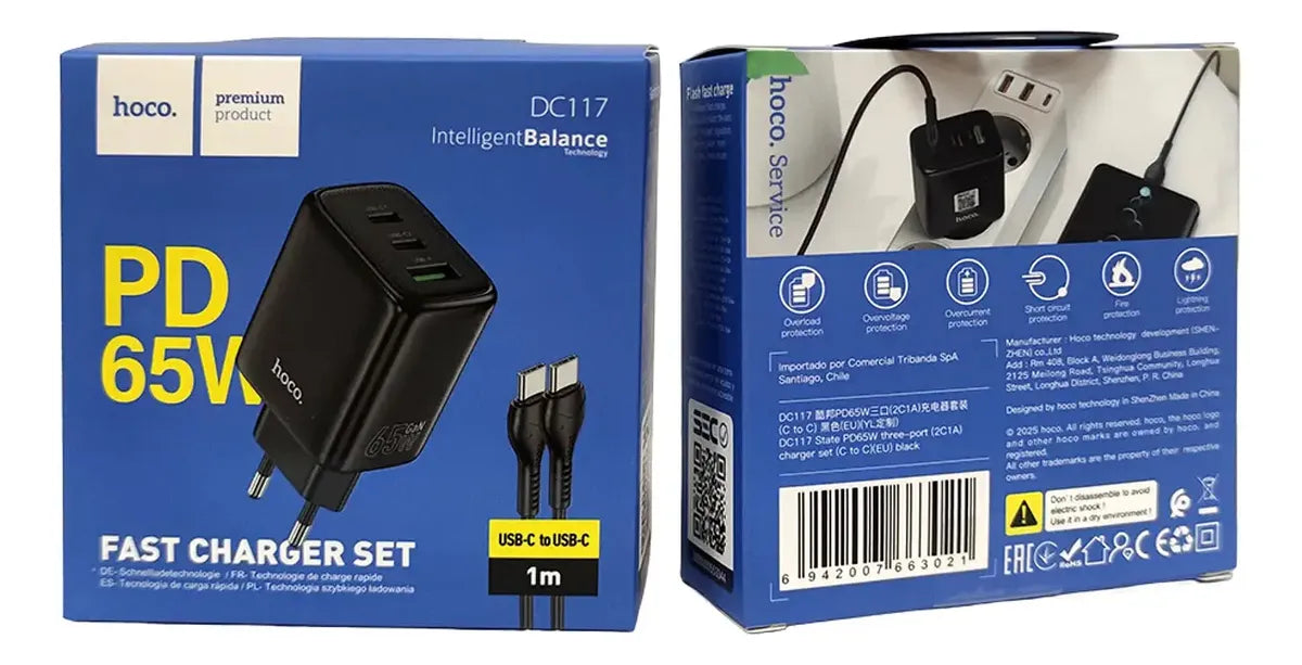Cargador Carga Rápida Hoco Dc117 65w Tipo C + Cable Negro